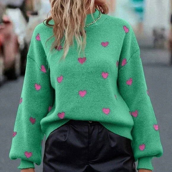 Green Casual Womens Heart Pattern Mock Neck Drop Shoulder Sweater - Picture 1 of 5